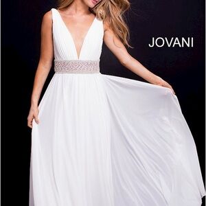 Jovani White Deep V-Neck Beaded Waist Gown